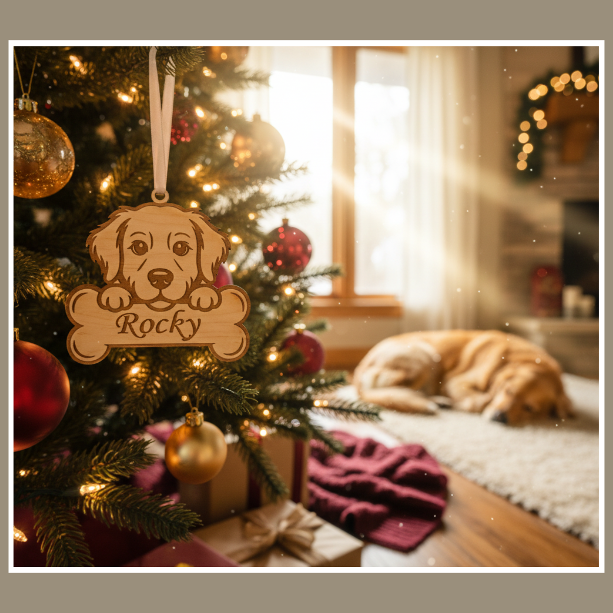 Personalizowana drewniana bombka z psem – 100 ras do wyboru, grawer z imieniem