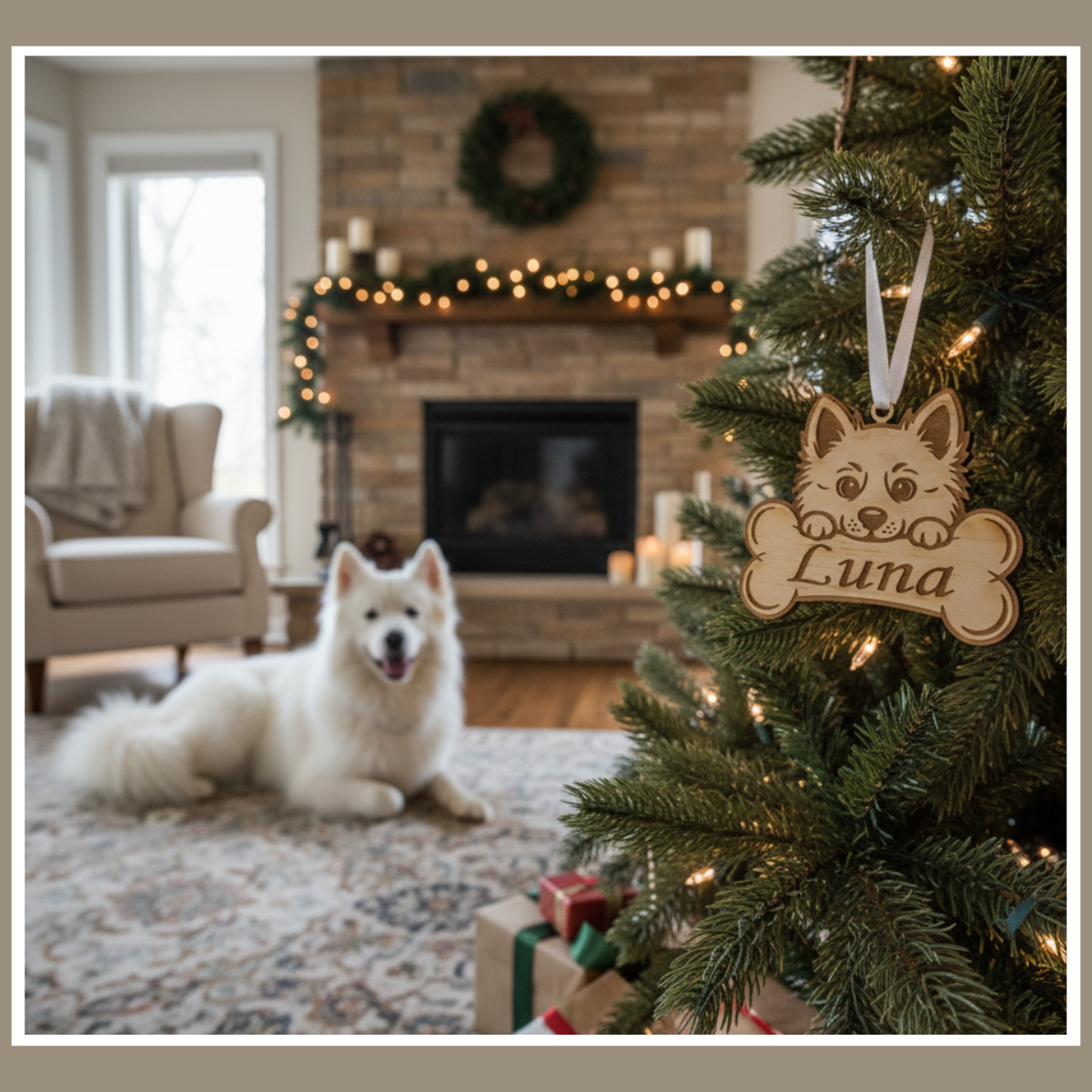 Personalizowana drewniana bombka z psem – 100 ras do wyboru, grawer z imieniem